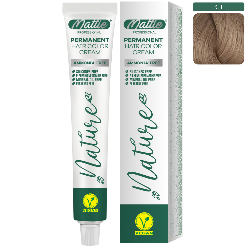 Mattie Professional Nature (9.1) Very Light Ash Blonde - Vegan Permanent Hair Color Cream 60ml